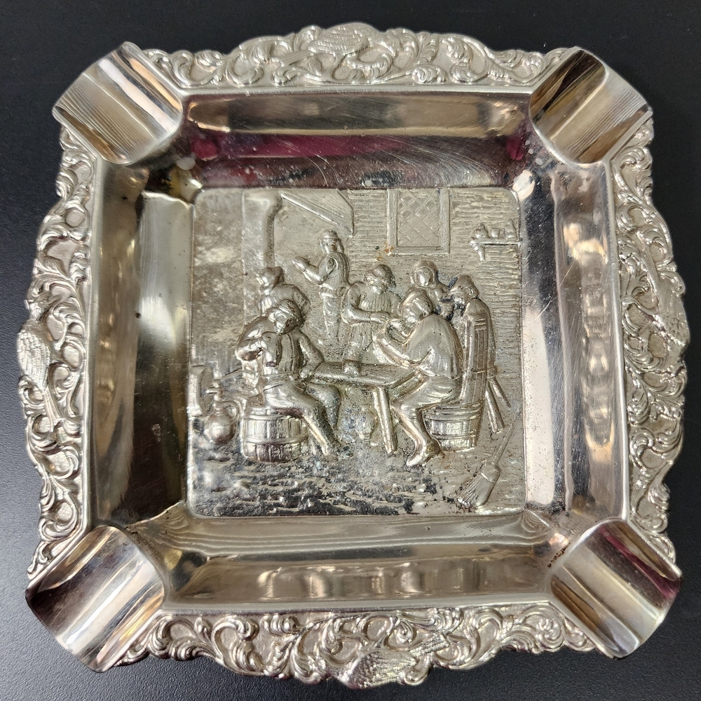 Antique Silver Plated Ashtray Ornate Detailed Men Tavern Table Vintage
